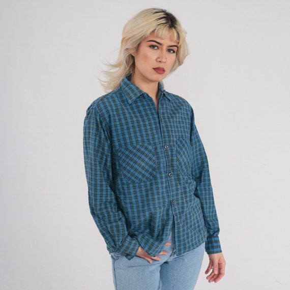 Blue Plaid Shirt 70s Flannel Button up Shirt Retro Lumberjack Long Sleeve Boyfriend Green Checkered Print Top Vintage 1970s Medium M