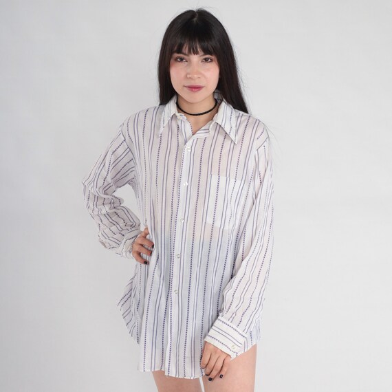 70s Striped Shirt White Purple Button Up Shirt Chevron Print Print Retro Collared Long Sleeve Oxford Cotton Vintage 1970s Mens Medium 15 1/2