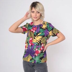 Tropical Floral Blouse 90s Button Up Shirt Black Flower Leaf Print Top Summer Short Sleeve Hawaiian Botanical Surfer Vintage 1990s Small S