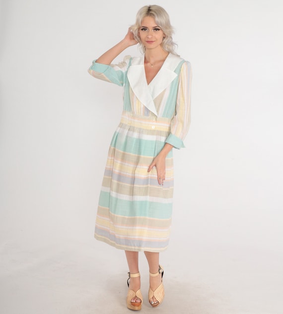 Striped Secretary Dress 80s Midi Button Up Wrap Dress Puff Sleeve Collared V Neck Preppy Day Dress White Green Yellow 1980s Medium Large