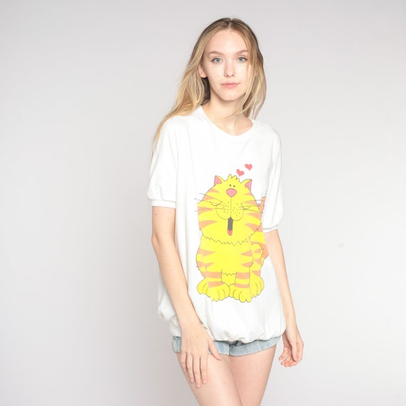 Vintage Cartoon Cat Shirt 80s Kitty Heart Graphic Tee Cute Slouchy Kawaii T-Shirt Animal Kitten Print Banded Hem Top White 1980s Large L