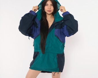 90s Columbia Anorak Navy Teal Color Block Hooded Windbreaker Half Zip Pullover Ski Jacket Gorpcore Outdoor Hiking Purple Coat Vintage Small