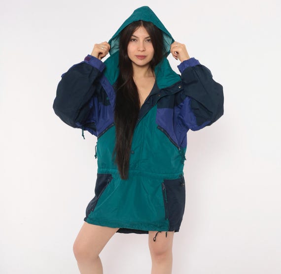 90s Columbia Anorak Navy Teal Color Block Hooded Windbreaker Half Zip Pullover Ski Jacket Gorpcore Outdoor Hiking Purple Coat Vintage Small