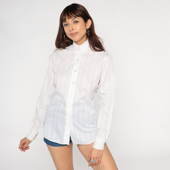 70s White Blouse Semi Sheer Striped Button Up Equestrian Top Preppy Long Sleeve Secretary Shirt Summer Seventies Vintage 1970s Small S 34