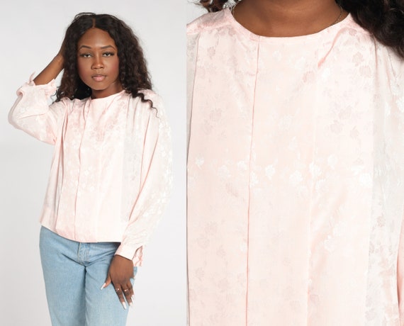 Baby Pink Blouse 90s Embossed Floral Top Pleated Shirt Long Sleeve Romantic Feminine Secretary Pastel Formal Party Vintage 1990s Large 14