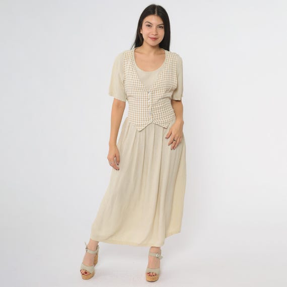 Gingham Maxi Dress 90s Vintage Tan White Check Button Front Vest Layered Set Preppy Academic Schoolgirl Teacher Chic Trendy Large 12