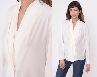 White Blouse 90s Double Breasted Button Up Long Sleeve Top Plain V Neck Retro Preppy Secretary Blouse Vintage 1990s Oversized Small 4