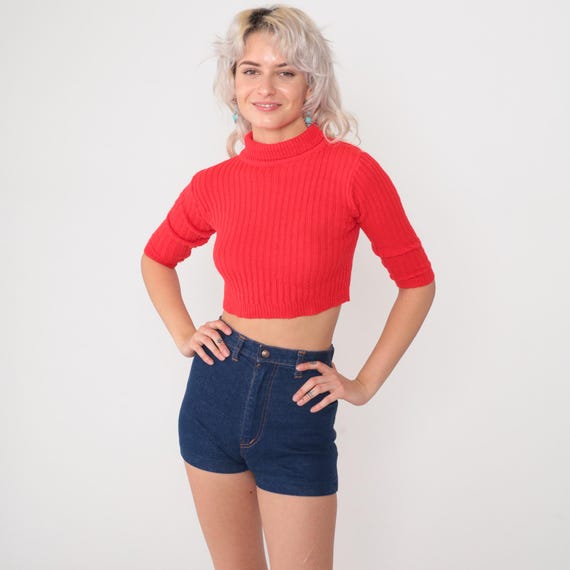 70s Crop Sweater Red Ribbed Knit Mock Neck Three Quarter Sleeve Fitted Acrylic Turtleneck Vintage Cropped Top Tomato Red Knit Top Small S