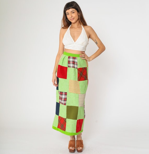 Vintage Patchwork Skirt 60s 70s Plaid Maxi Skirt Lime Green Checkered Long Boho Hippie Skirt Festival 1970s Small