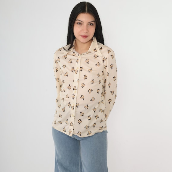 Vintage 70s Floral Blouse Cream Botanical Boho Shirt Dagger Collar Disco Button Up Bohemian 1970s Hippie Long Sleeve Brown Small