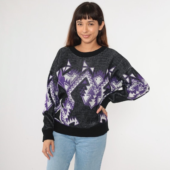 Vintage Geometric Sweater 80s Sweater Abstract Snake Pattern Sweater Purple Black Acrylic Knit 1980s Statement Pullover Retro Large