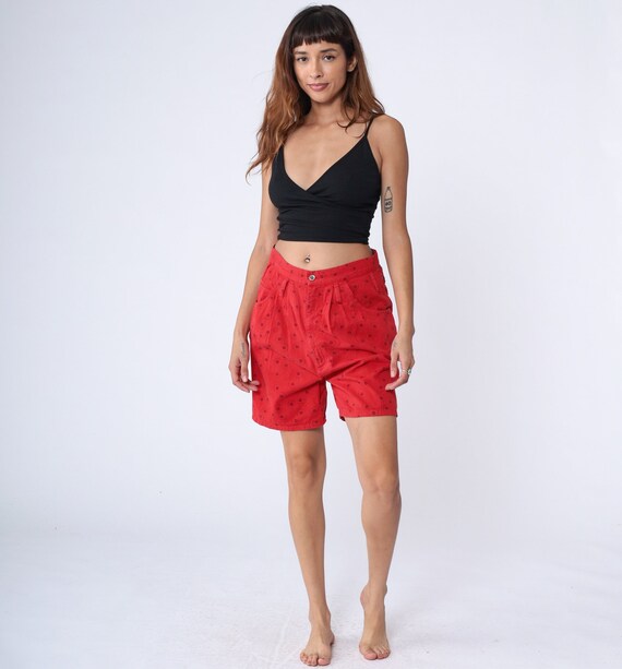 90s Trouser Shorts Red Celestial Pleated Preppy Shorts High Waisted Retro Trouser Cotton High Waist All Over Print Vintage Mom 1990s Medium