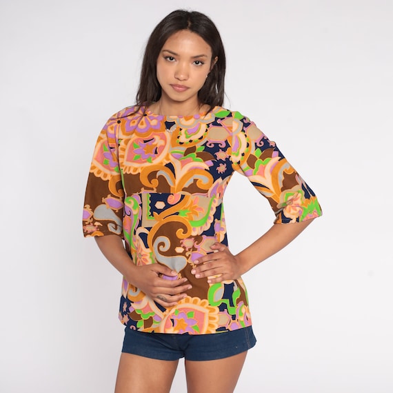 70s Floral Blouse Flower Power Top Psychedelic Retro … Gem
