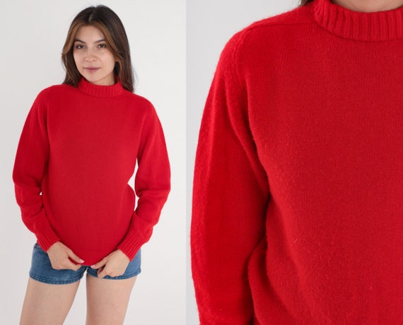 Red Sweater 70s Mock Neck Sweater Acrylic Knit Sw… - image 1