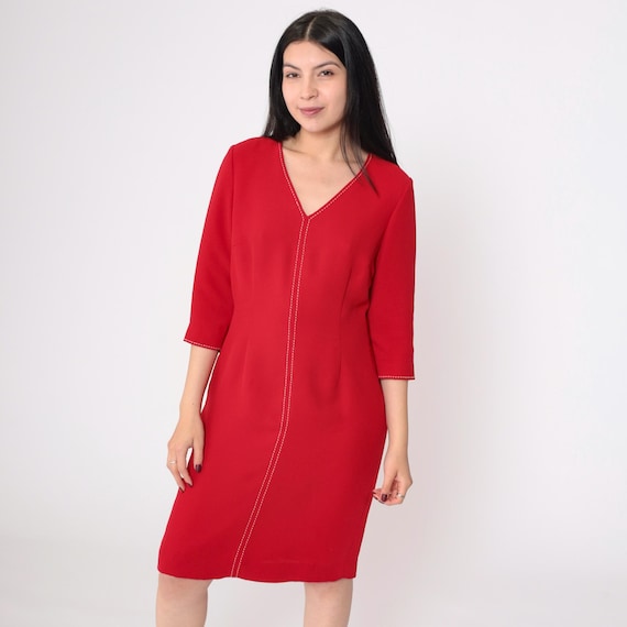 Vintage Red Sheath Dress 90s Plain V Neck Decorative Stitching 3/4 Sleeve Party Retro 1990s Small 6 Petite