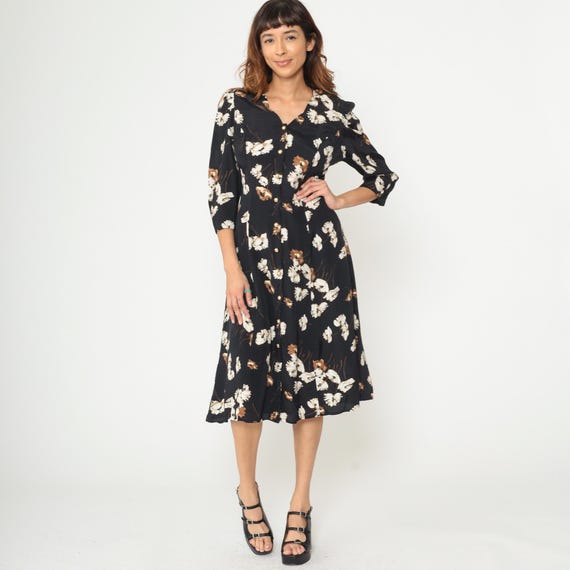 Vintage Corset Dress 1990s Black Floral Print Pearl Button Front Lace Up Back V Neck Three Quarter Sleeve Midi Medium M