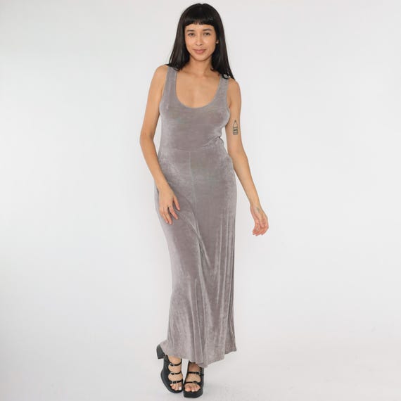 Vintage Grey Maxi Dress 90s Stretchy Scoop Neck Long Tank Dress Grunge Sleeveless Simple Basic Plain Minimalist Day Dress 1990s Medium 10