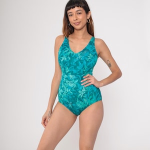 Maillot de bain floral des années 90 sarcelle col en V une pièce maillot de bain bleu vif vert maillot de bain rétro bas du dos vintage des années 1990 Jantzen Medium