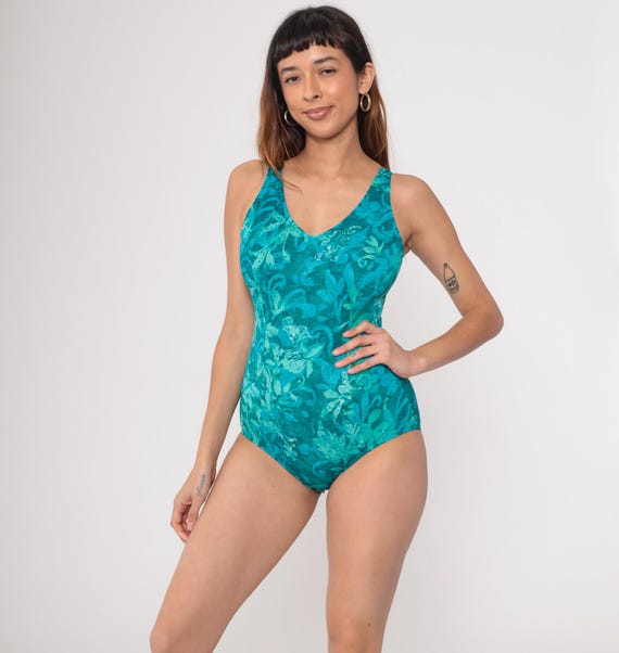 90s Floral Bathing Suit Teal V Neck One Piece Swimsuit Bright Blue Green Swim Suit Retro Low Back Vintage 1990s Jantzen Medium