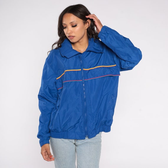 Blue Striped Windbreaker 90s Jacket Blue Zip Up Warmup Royal Blue Nylon Warm Up Stripes Vintage 1990s Retro Sportswear Large L
