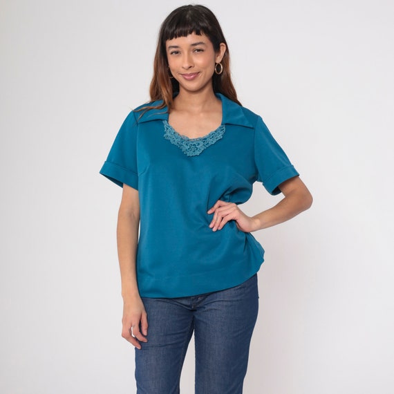 70s Lace Neckline Blouse Blue Crochet Collared Shirt Boho Hippie Collar V Neck Top Vintage 1970s Romantic Girly Cuffed Short Sleeve Large L