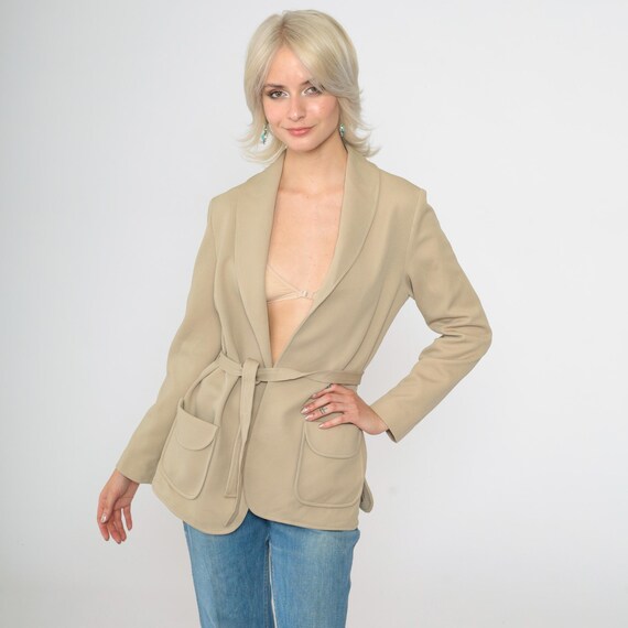 70s Tan Wrap Jacket Open Front Blazer Retro Shawl Collar Boho Hippie Khaki Jacket Bohemian Plain Vintage Neutral 1970s Medium M