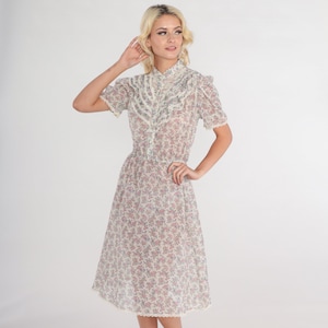 70s Floral Dress Button up Midi Dress Semi-Sheer Lace Trim High Neck Ruffled Puff Sleeve Flower Print Day Retro Vintage 1970s Extra Small xs
