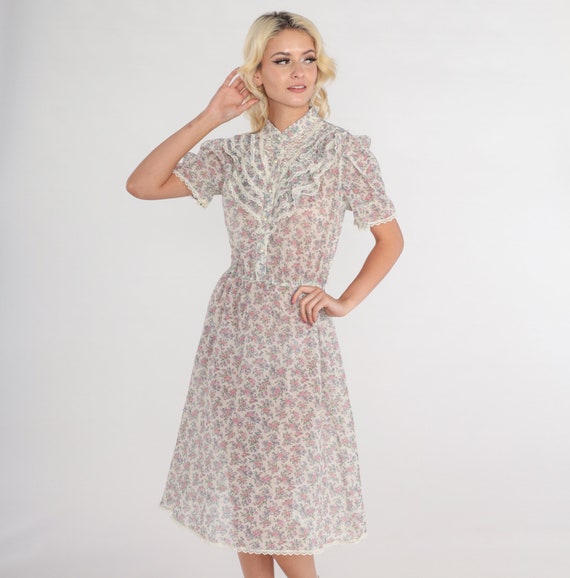 70s Floral Dress Button up Midi Dress Semi-Sheer Lace Trim High Neck Ruffled Puff Sleeve Flower Print Day Retro Vintage 1970s Extra Small xs