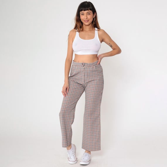 70s Houndstooth Flared Pants Burgundy Navy Checkered Ankle Trousers High Waisted Bell Bottoms Off-White Flares Vintage 1970s Medium 29