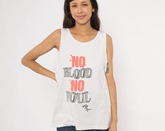 No Blood No Foul 90s Graphic Tank Top White Cotton Sleeveless Streetwear Tee Basketball Slogan Crew Neck Ivory Summer Shirt Unisex Large L