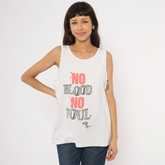 No Blood No Foul 90s Graphic Tank Top White Cotton Sleeveless Streetwear Tee Basketball Slogan Crew Neck Ivory Summer Shirt Unisex Large L