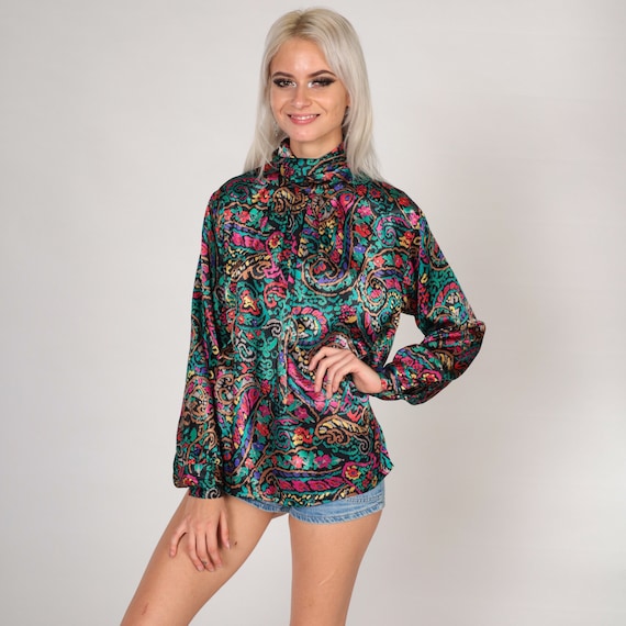 Paisley Blouse 80s Top Shiny Satin Colorful Abstract Floral Print Long Sleeve Mockneck Shirt Boho Secretary Statement Vintage 1980s Small S