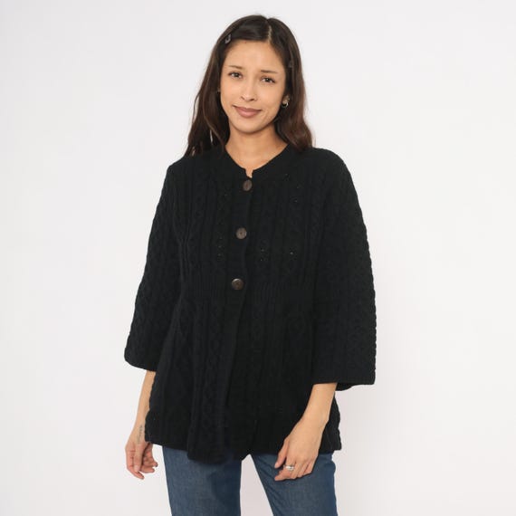 Black Cable Knit Cardigan Wool Button Front Swing Irish Aran Sweater Crew Neck Chunky Dark Academia Cozy Winter Layering Vintage Medium M
