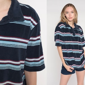 Terry Cloth Shirt Y2k Navy Blue Striped Polo Shirt Half Button up