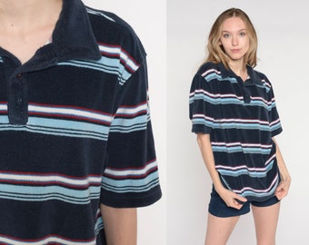 Terry Cloth Shirt Y2k Navy Blue Striped Polo Shirt Half Button Up Short Sleeve Collared Preppy Hipster Retro Vintage 00s Mens Medium M