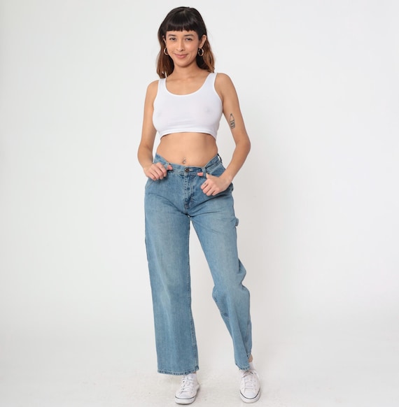 Cargo Jeans Y2K Baggy Jeans Mid Rise Blue Denim Pants Straight Wide Leg Relaxed Boyfriend Streetwear Tomboy Carpenter Vintage 00s Medium 30