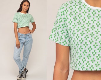 Geometric Crop Top 70s T Shirt Green Tshirt 1970s Shirt Retro Ringer Tee Geometric Vintage Short Sleeve Small Medium