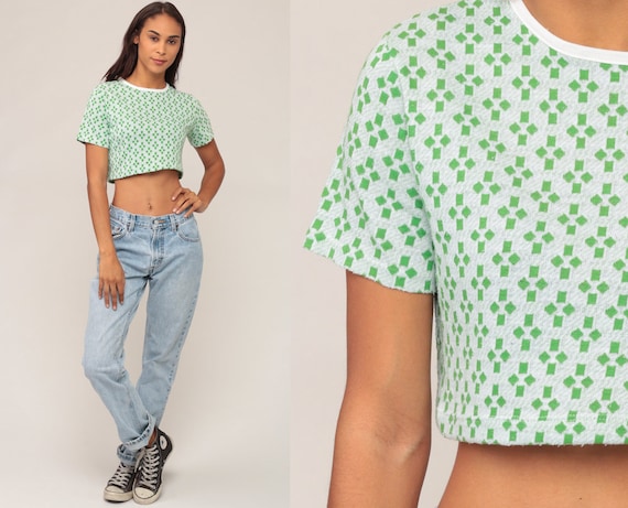 Geometric Crop Top 70s T Shirt Green Tshirt 1970s Shirt Retro Ringer Tee Geometric Vintage Short Sleeve Small Medium