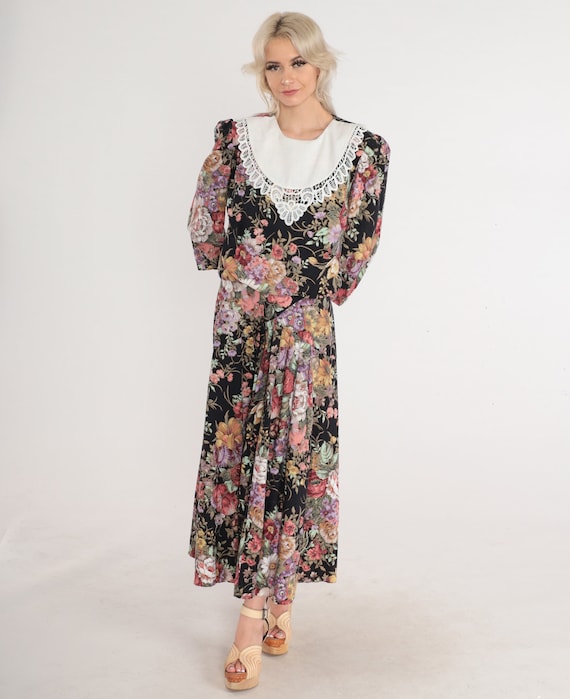 Floral Granny Dress 80s 90s Black Maxi Lace Bib Dress Puff Sleeve Retro Dress Day Button Back Bouquet Print Boho Vintage 1990s Large L