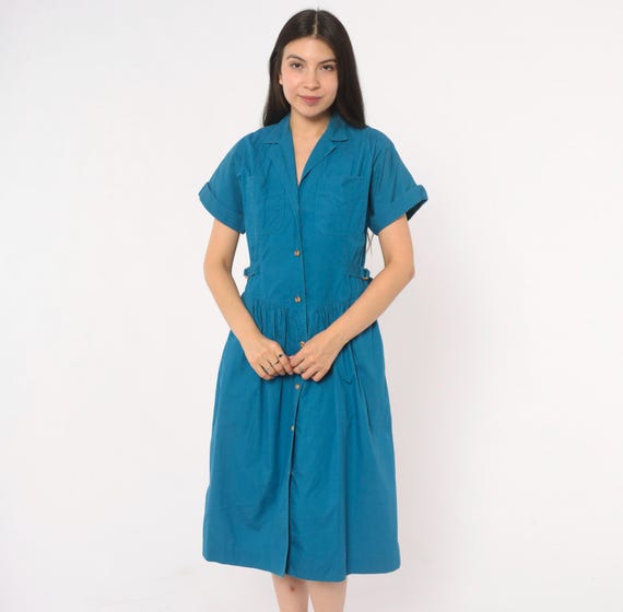 80s Teal Shirtdress Sasson Cotton Midi Cuffed Sleeve Gathered Waist Belt Detail Chest Pocket Safari Utility Dress Vintage Extra Small XS