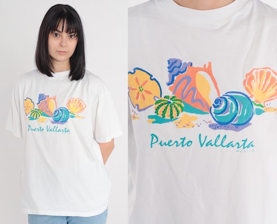 Puerto Vallarta Shirt 90s Mexico T-Shirt Seashell Graphic Tee Ocean Beach Tourist Travel Tshirt Retro Single Stitch White Vintage 1990s XL