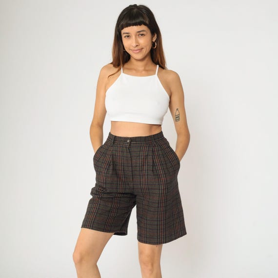 90s Plaid Wool Blend Shorts Pleated Trouser Shorts Brown Navy Blue Green High Waisted Retro Preppy Checkered Vintage 1990s Academia Small S