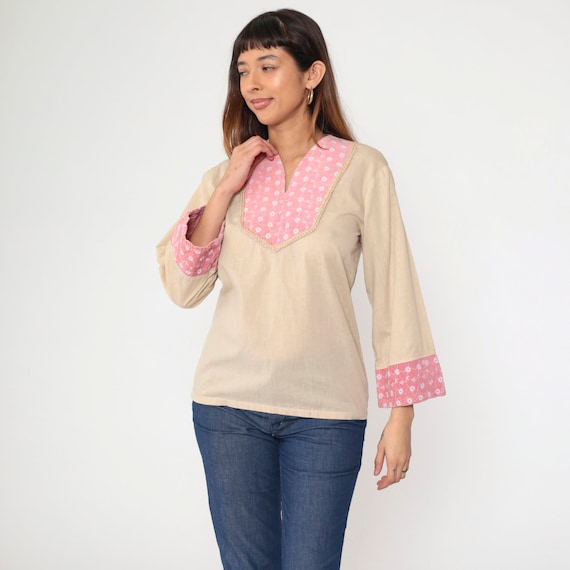 70s Embroidered Tunic Top Beige & Pink Floral Corduroy Blouse Boho Hippie Shirt Vintage Bohemian Bib 1970s V Neck Long Wide Sleeve Small