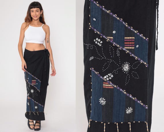 Black Wrap Skirt Beaded Y2K Cotton Maxi Length Embroidered Geometric Tribal Blue Tie Waist Festival Hippie Goth Alternative Vintage Large L