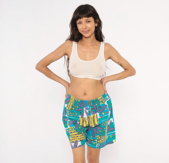 90s Abstract Shorts Teal Purple Yellow Geometric Print Cotton Elastic Waist Relaxed Fit Summer Beach Colorful Medium Large M L
