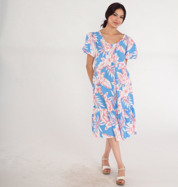 Hawaiian Tent Dress 90s Blue Tropical Floral Dress Puff Sleeve Ruffled Flounce Midi Sundress Hibiscus Leaf Print Day Vintage 1990s Medium M