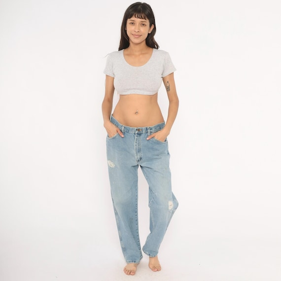 Distressed Rustler Jeans 2000s Light Wash Denim Straight Leg Cotton Faded Blue Workwear Grunge Broken In Pants Trousers Vintage 36 x 30