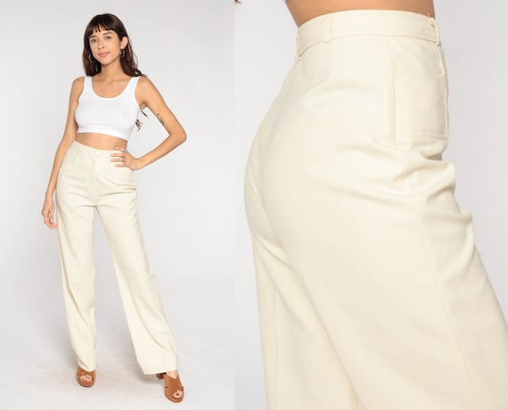 Cream Trousers 70s Straight Leg Pants Retro High Waisted Trousers Boho Hippie High Rise Simple Preppy Summer Slacks Vintage 1970s Small S