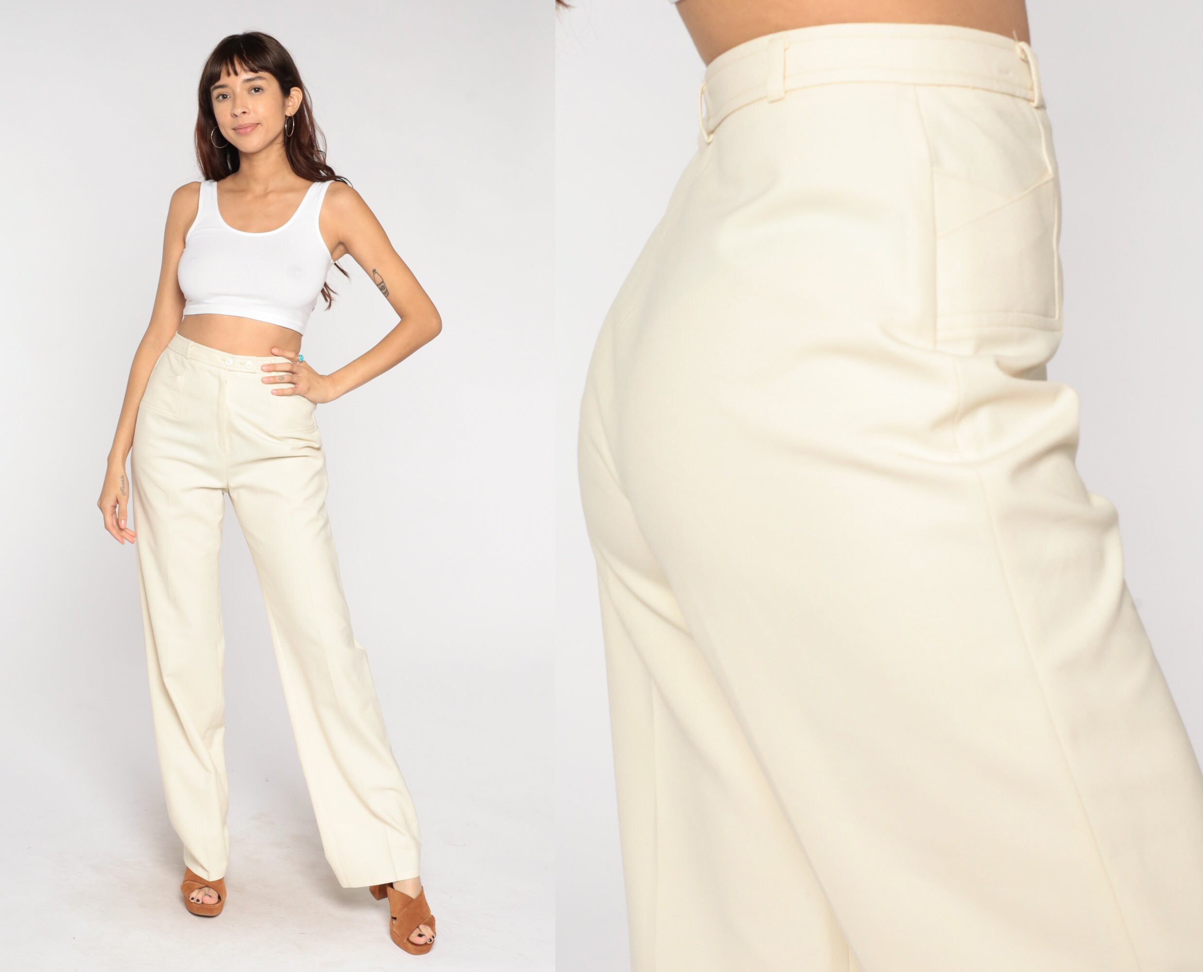 Cream Trousers 70s Straight Leg Pants Retro High Waisted Trousers Boho ...