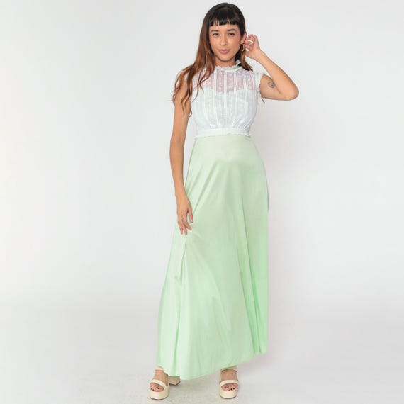 Vintage Green Victorian Gown 70s Formal Dress Pastel White Lace Maxi Party High Illusion Neck Prom High Waisted Boho 1970s Extra Small xs